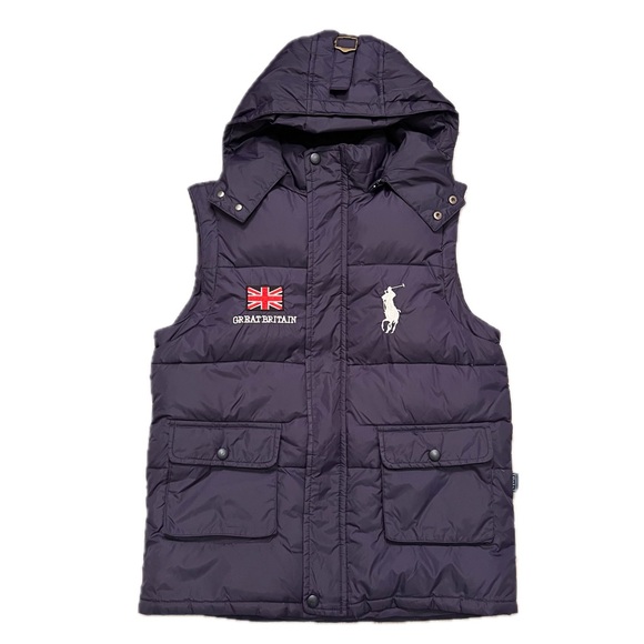 Rare Polo Ralph Lauren Vest puffy puff Great Britain UK small logo navy hood - Picture 1 of 8